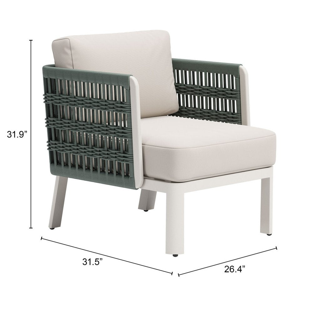 27" Green And White Aluminum Outdoor Accent Chair with White Cushion
