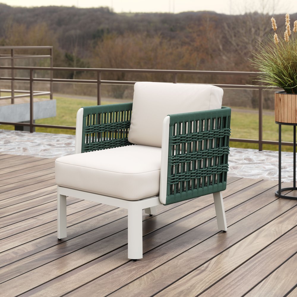 27" Green And White Aluminum Outdoor Accent Chair with White Cushion