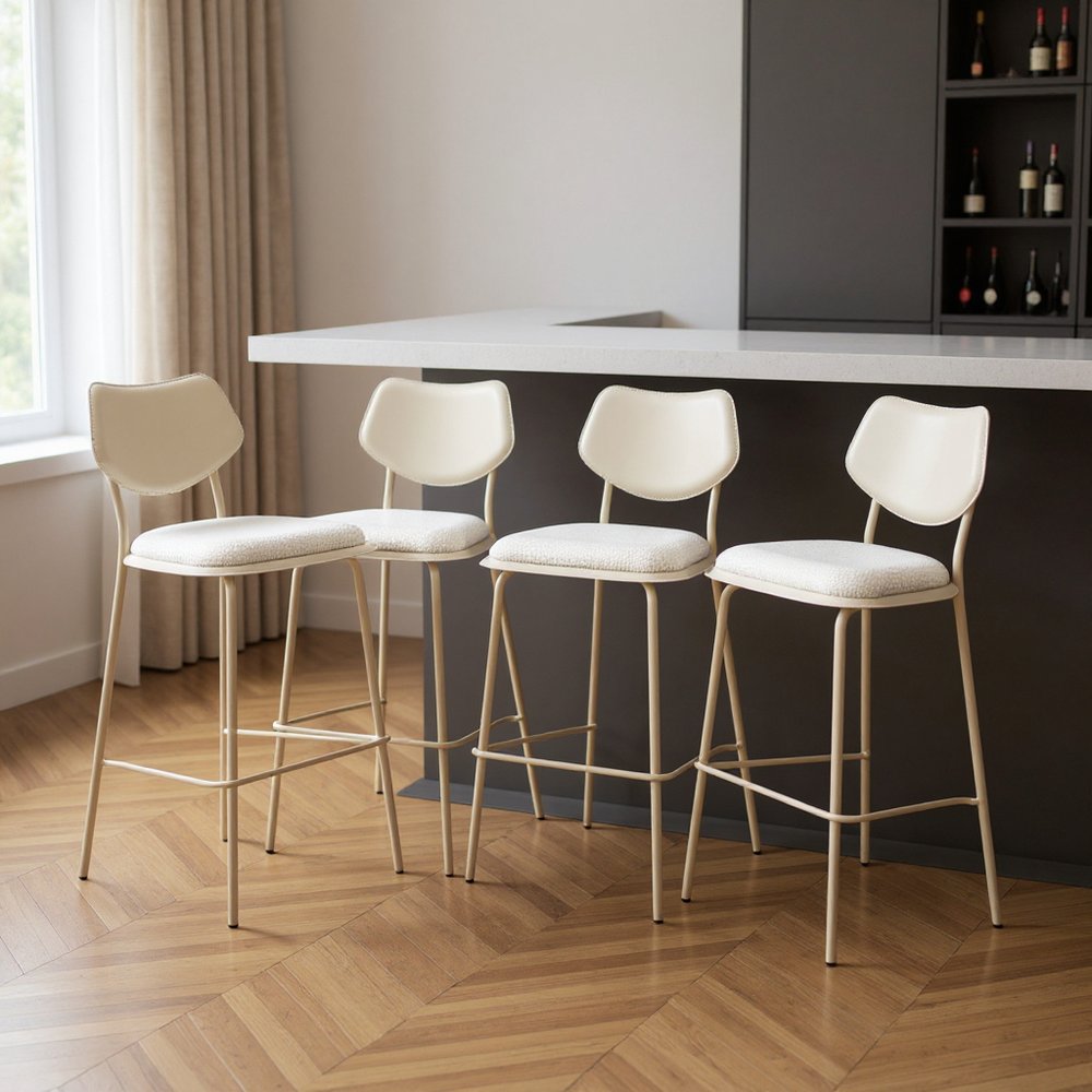 Set of Four 30" Light Gray Fabric Faux Leather and Steel Bar Height Bar Chairs