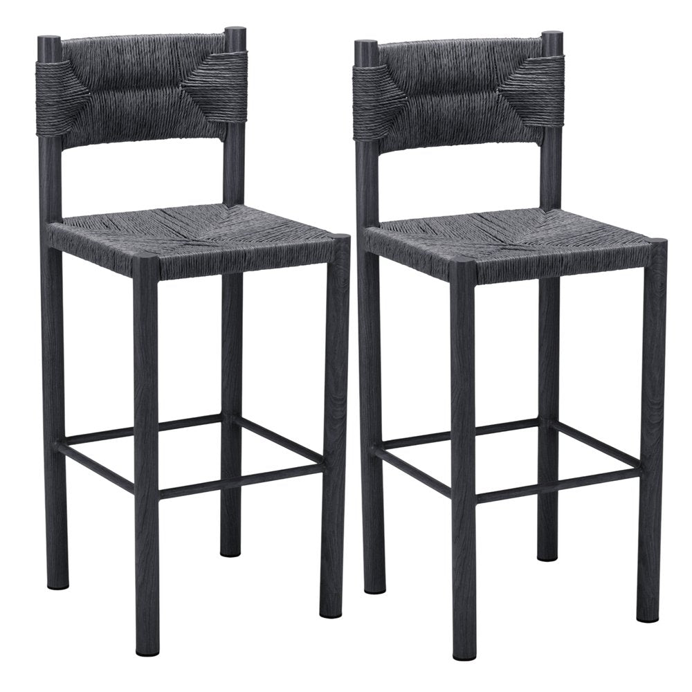 Set of Two 30" Black Rattan and Aluminum Low Back Bar Height Bar Chairs