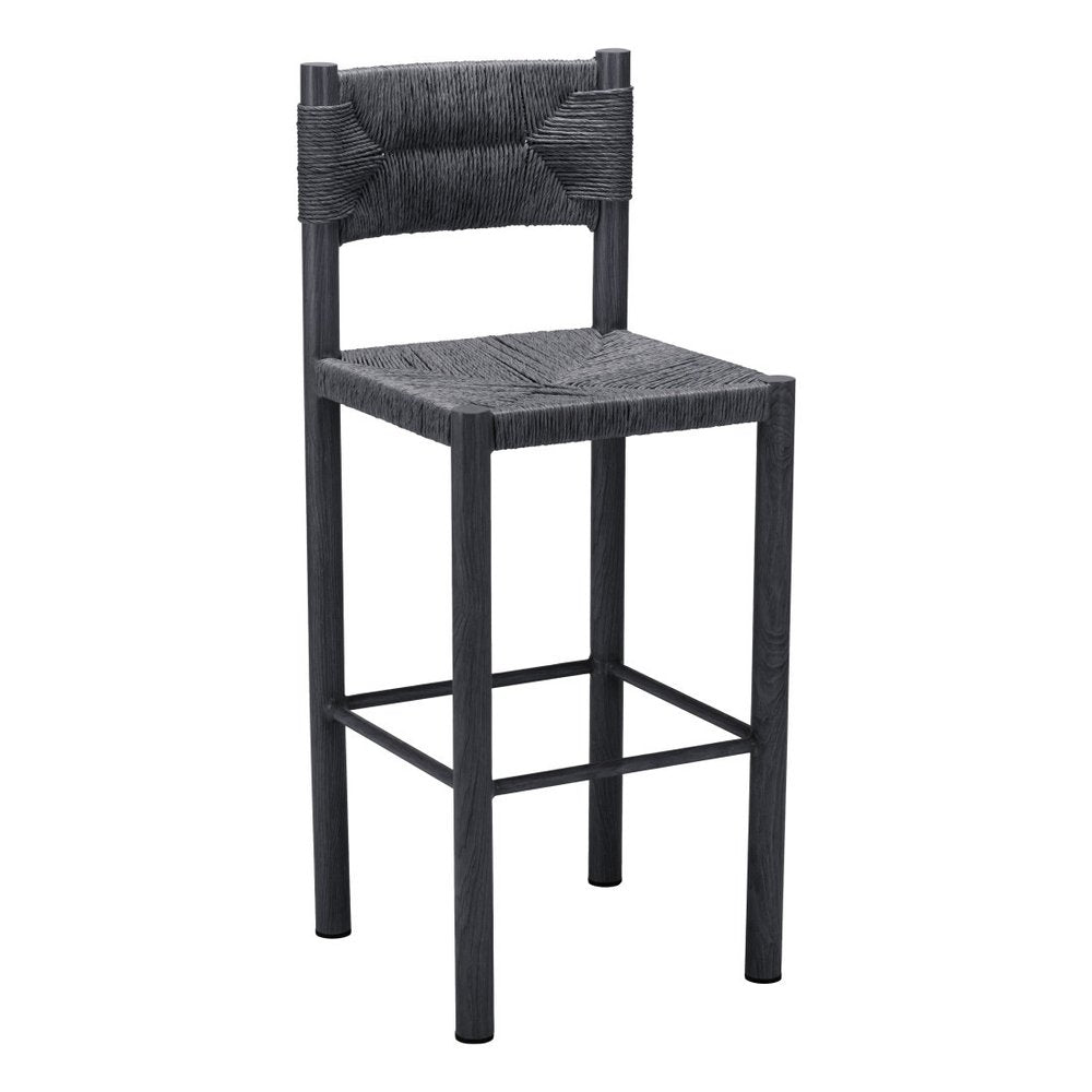 Set of Two 30" Black Rattan and Aluminum Low Back Bar Height Bar Chairs