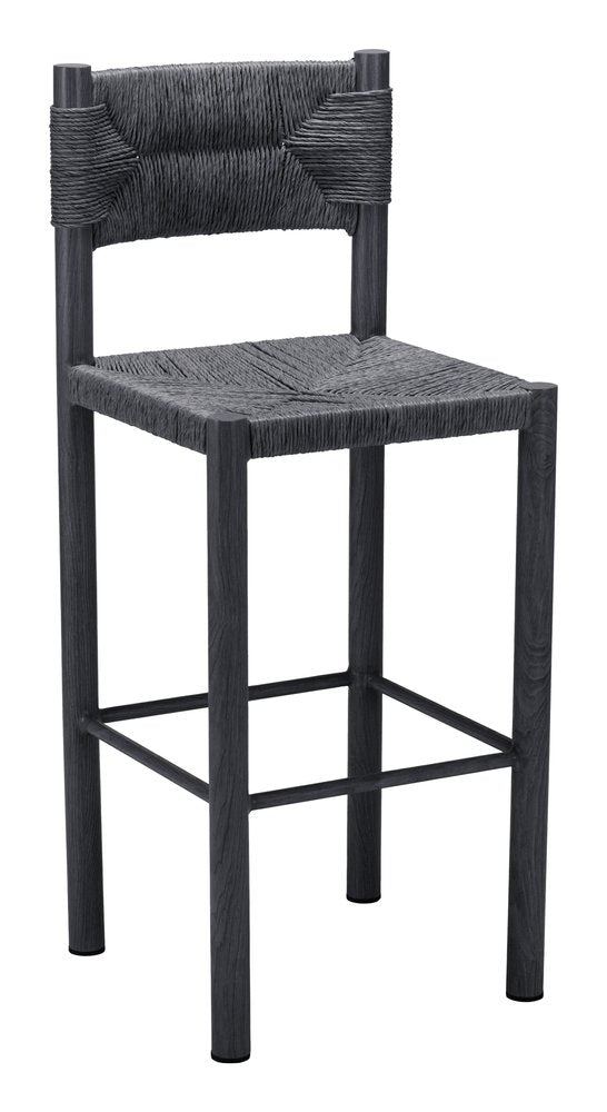 Set of Two 30" Black Rattan and Aluminum Low Back Bar Height Bar Chairs