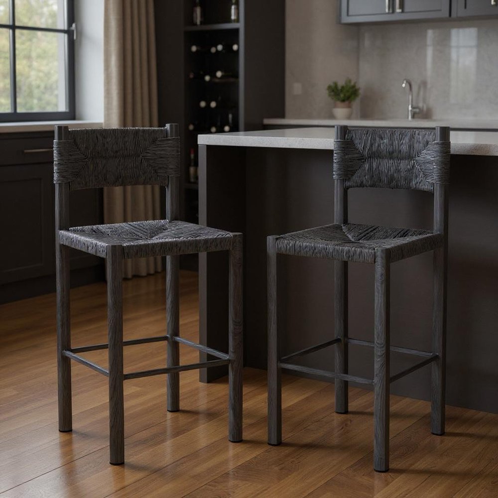 Set of Two 30" Black Rattan and Aluminum Low Back Bar Height Bar Chairs