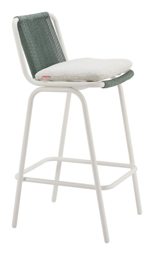 Set of Two White and Green Woven Back And Aluminum Counter Height Bar Chairs