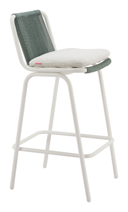 Set of Two White and Green Woven Back And Aluminum Counter Height Bar Chairs