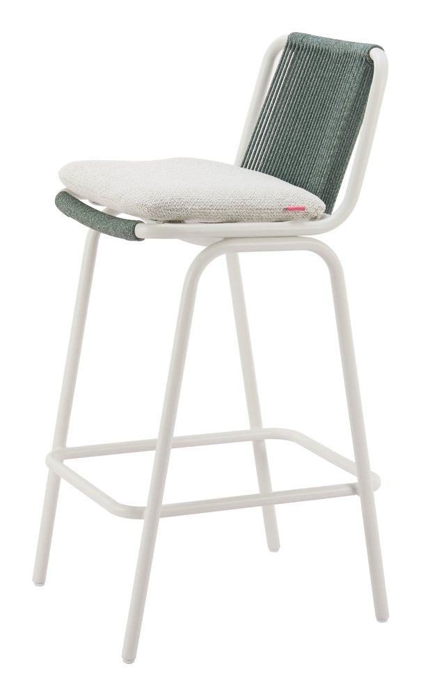 Set of Two White and Green Woven Back And Aluminum Counter Height Bar Chairs