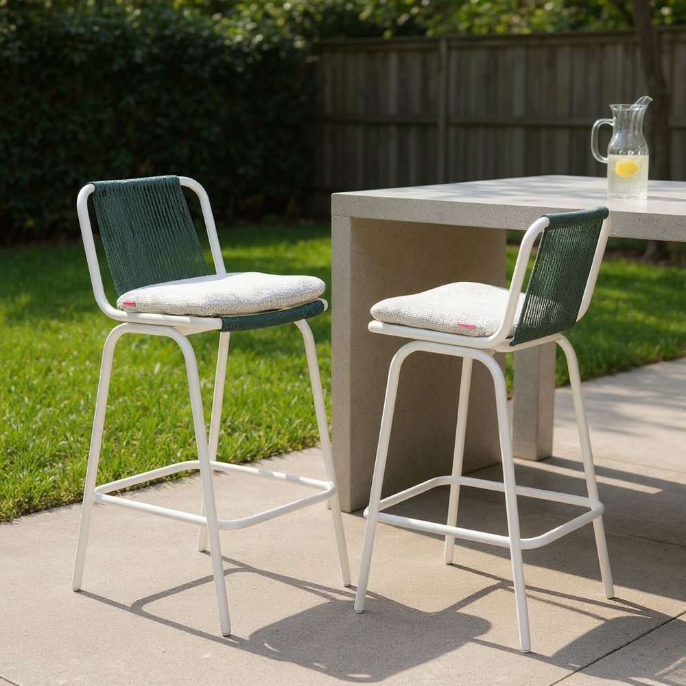 Set of Two White and Green Woven Back And Aluminum Counter Height Bar Chairs