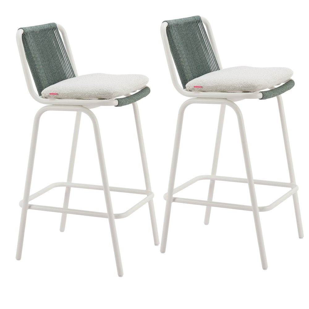Set of Two White and Green Woven Back And Aluminum Counter Height Bar Chairs