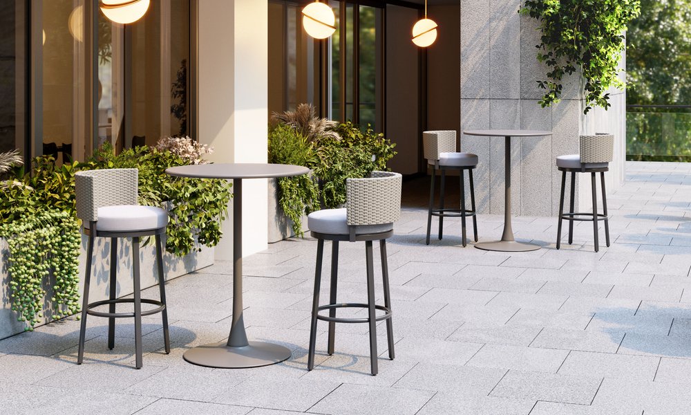 31" Black Natural and White Aluminum And Faux Rattan Swivel Bar Height Bar Chair