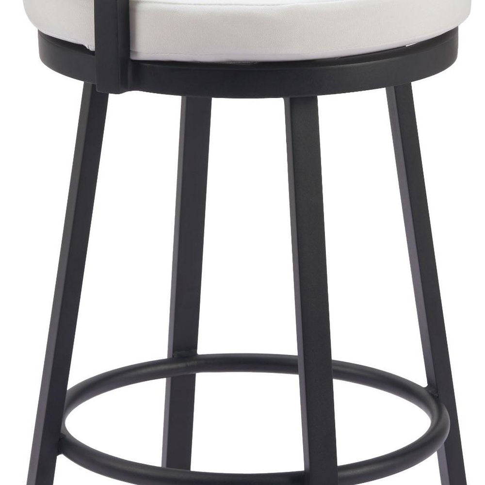 31" Black Natural and White Aluminum And Faux Rattan Swivel Bar Height Bar Chair