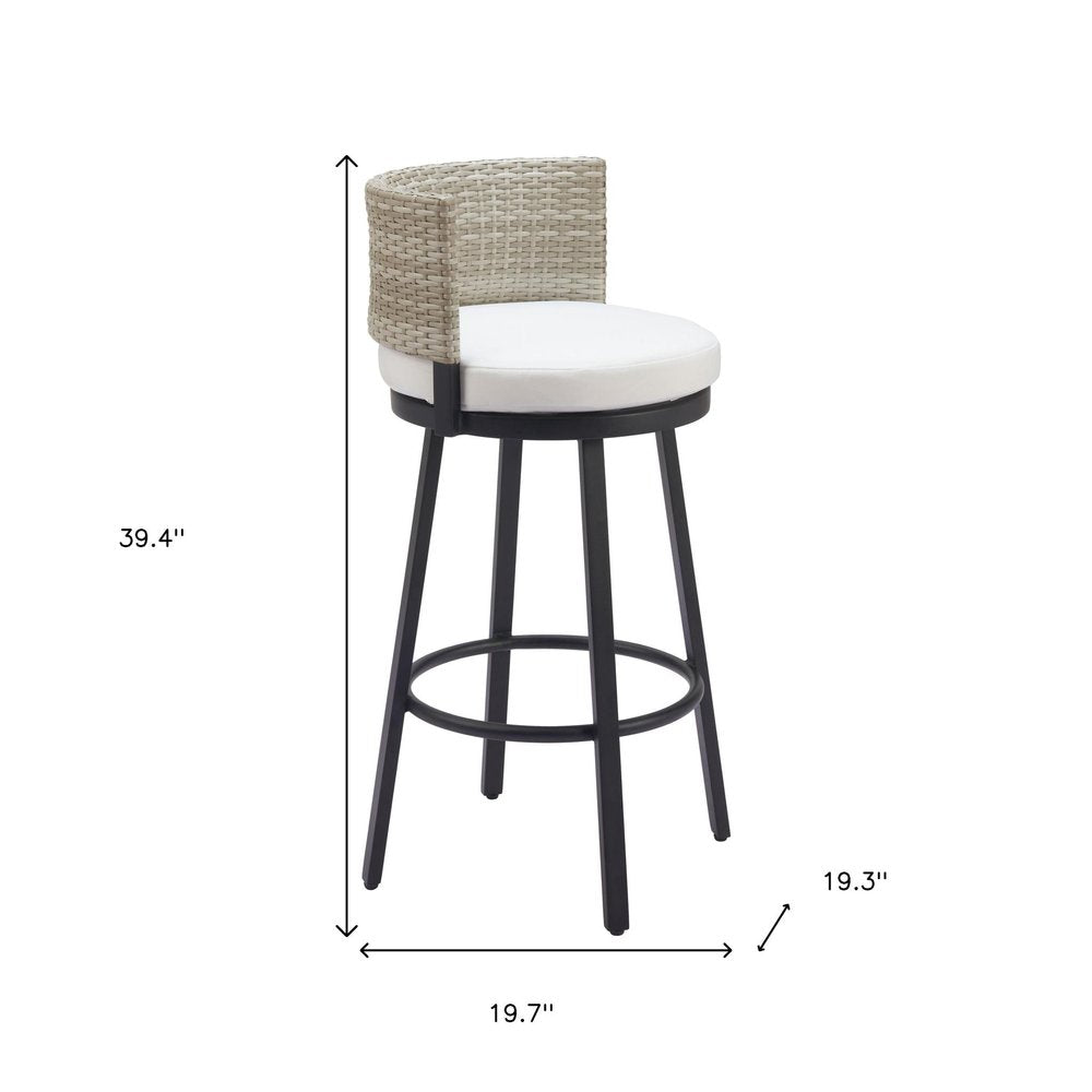 31" Black Natural and White Aluminum And Faux Rattan Swivel Bar Height Bar Chair