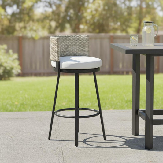 31" Black Natural and White Aluminum And Faux Rattan Swivel Bar Height Bar Chair