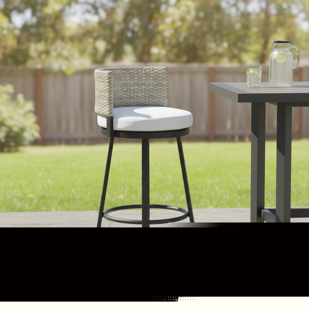 31" Black Natural and White Aluminum And Faux Rattan Swivel Bar Height Bar Chair