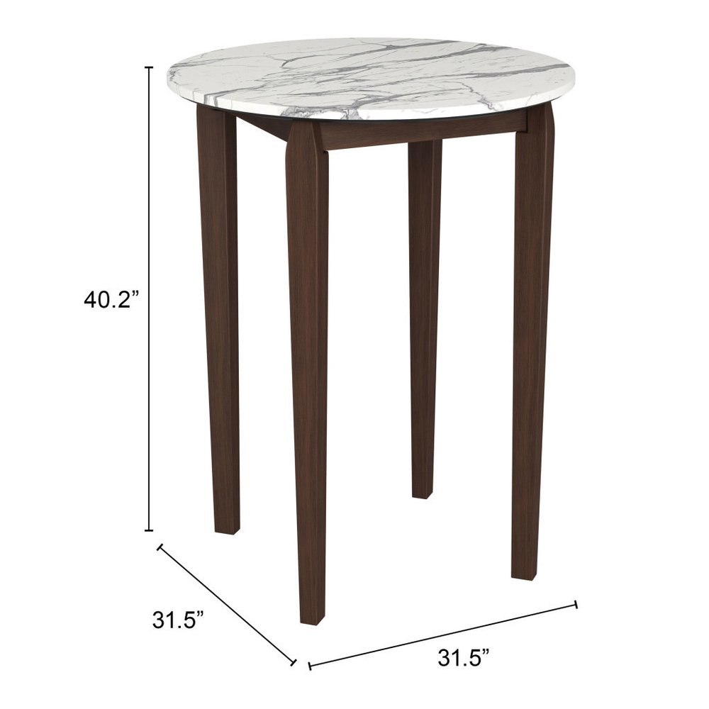 32" White and Brown Faux Marble and Solid Wood Rounded Bar Table