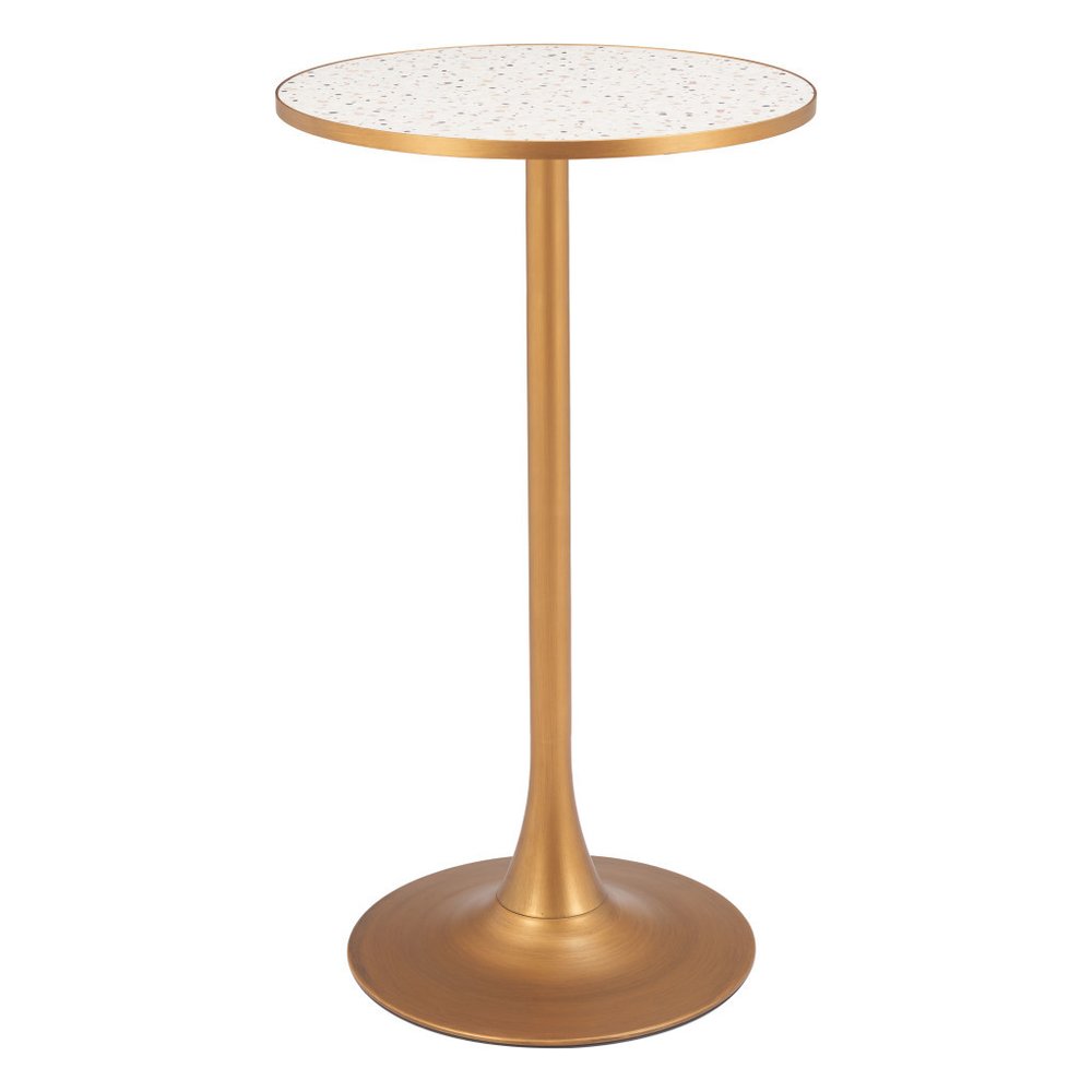 24" Beige and Gold Faux Terrazzo and Steel Rounded Bar Table