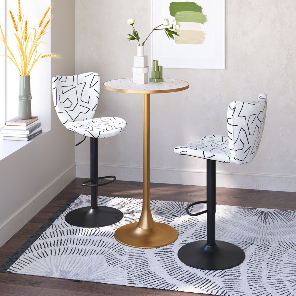 24" Beige and Gold Faux Terrazzo and Steel Rounded Bar Table