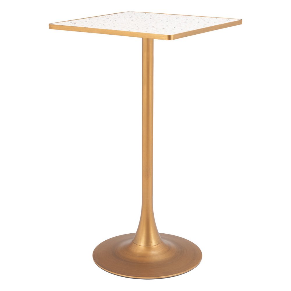 24" Beige and Gold Faux Terrazzo and Steel Square Bar Table