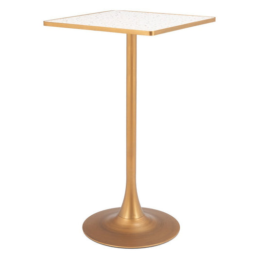 24" Beige and Gold Faux Terrazzo and Steel Square Bar Table