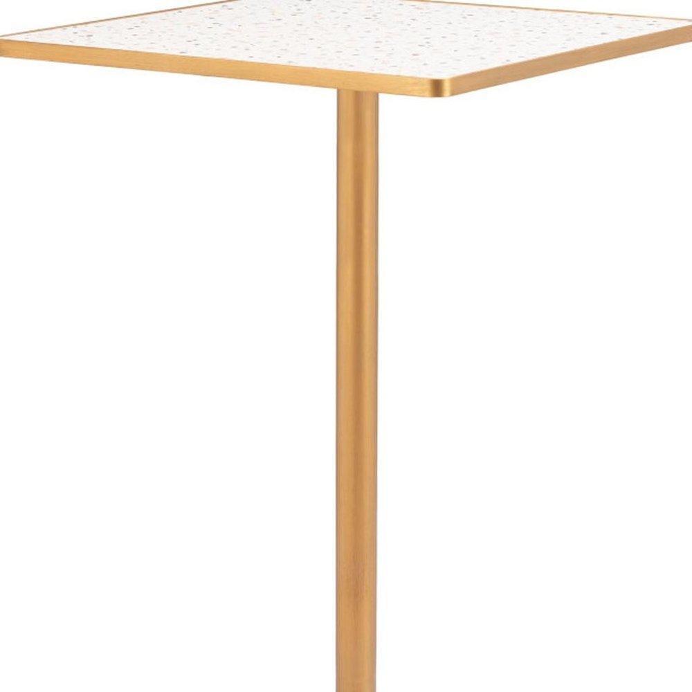 24" Beige and Gold Faux Terrazzo and Steel Square Bar Table