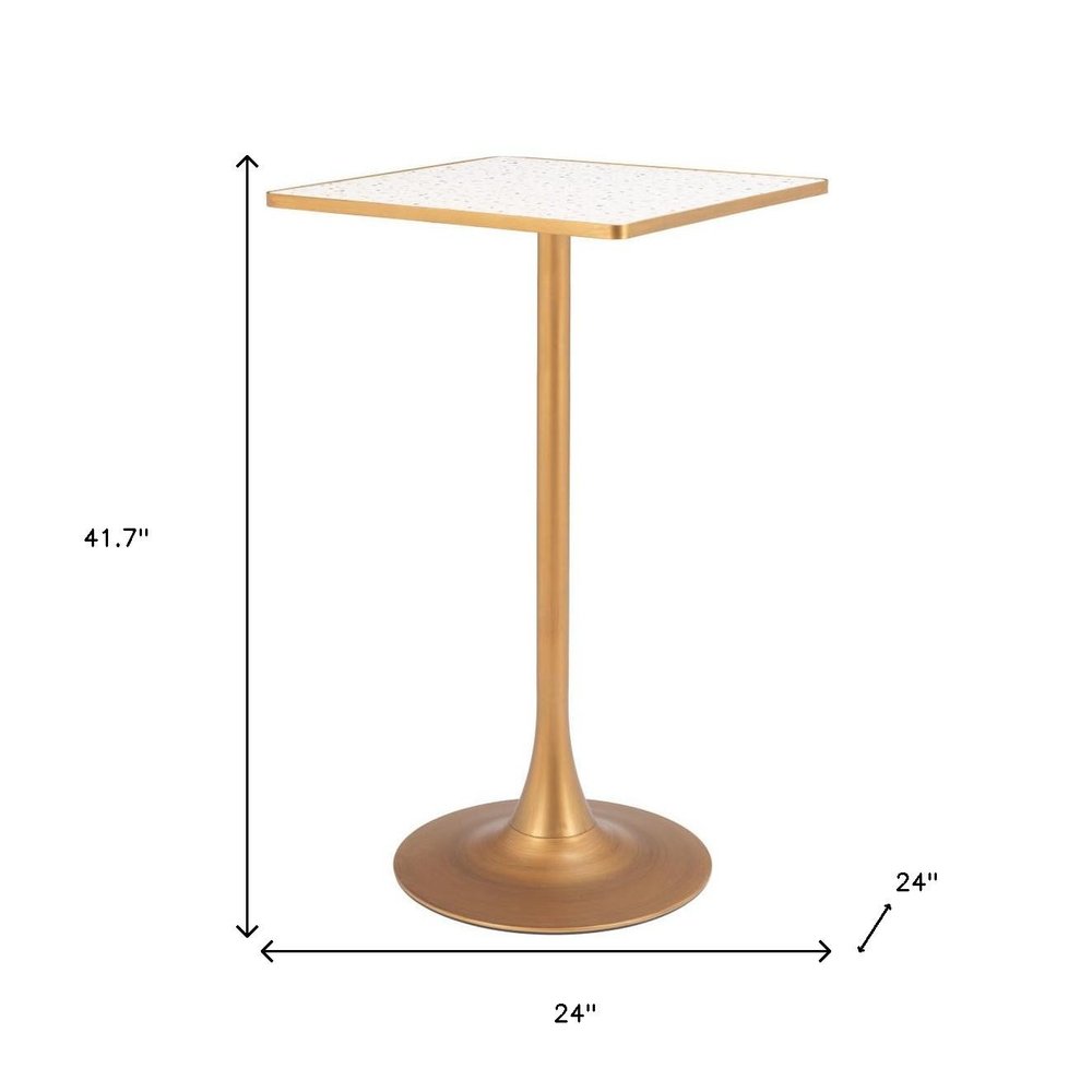 24" Beige and Gold Faux Terrazzo and Steel Square Bar Table