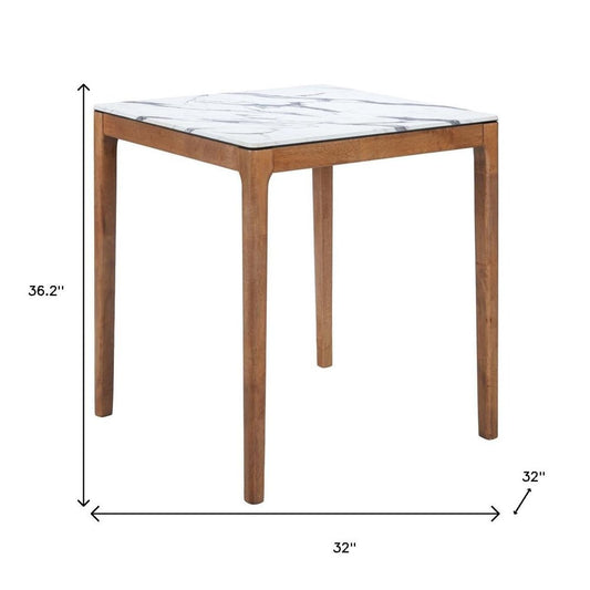 32" White and Natural Faux Marble and Solid Wood Square Bar Table