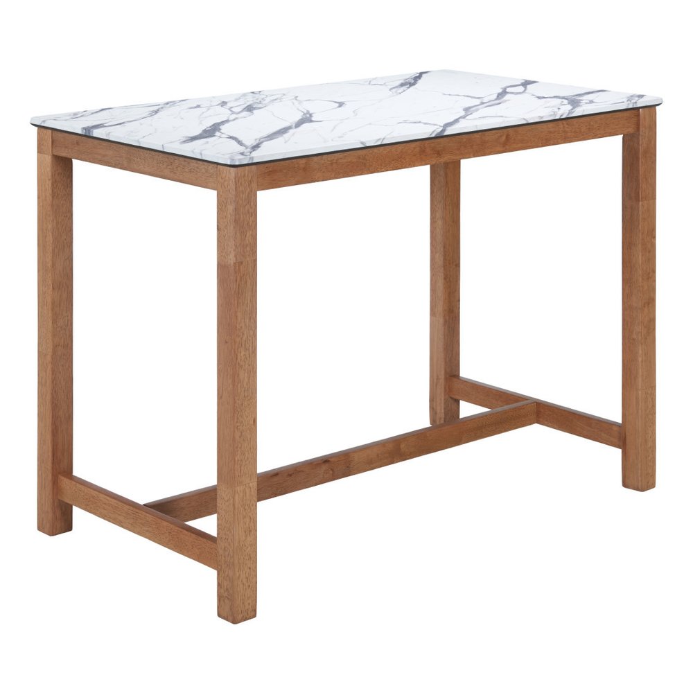 48" White and Natural Faux Marble and Solid Wood Rectangular Bar Table