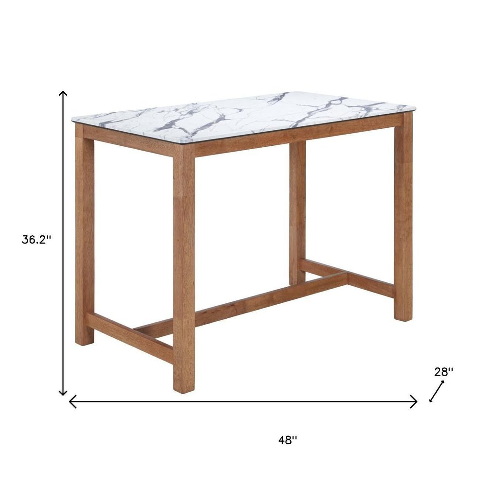 48" White and Natural Faux Marble and Solid Wood Rectangular Bar Table