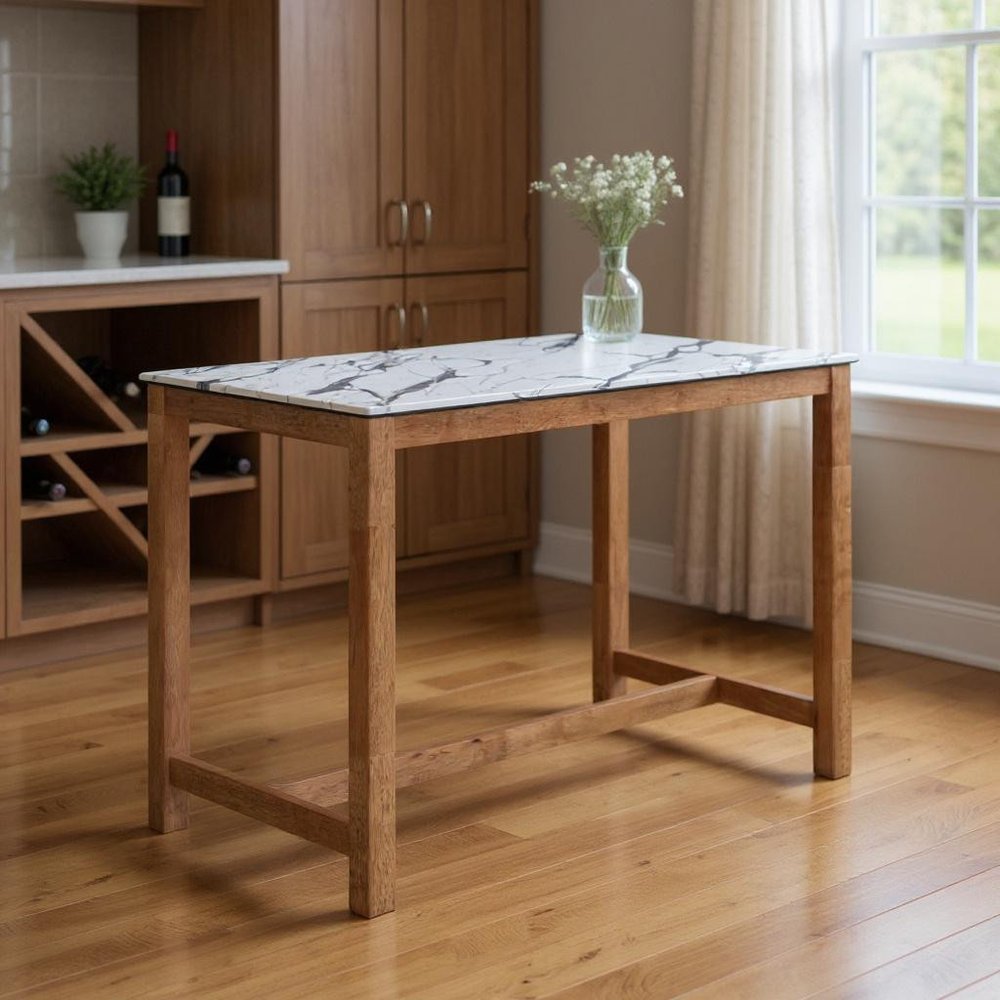 48" White and Natural Faux Marble and Solid Wood Rectangular Bar Table