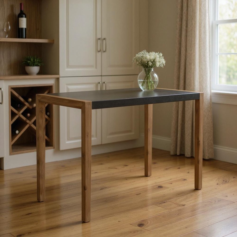 56" Gray And Natural Faux Concrete And Solid Wood Outdoor Bar Table