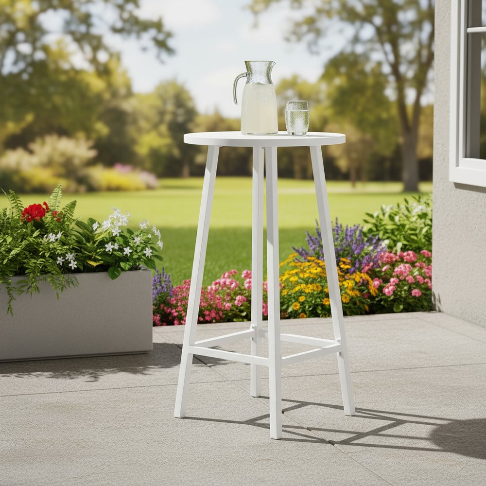 24" White Aluminum Slat Rounded Outdoor Bar Table