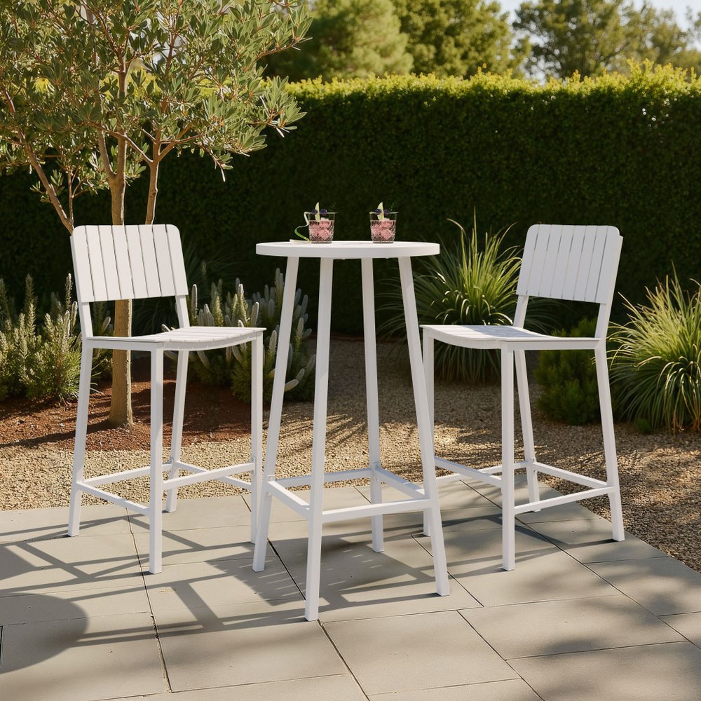 24" White Aluminum Slat Rounded Outdoor Bar Table