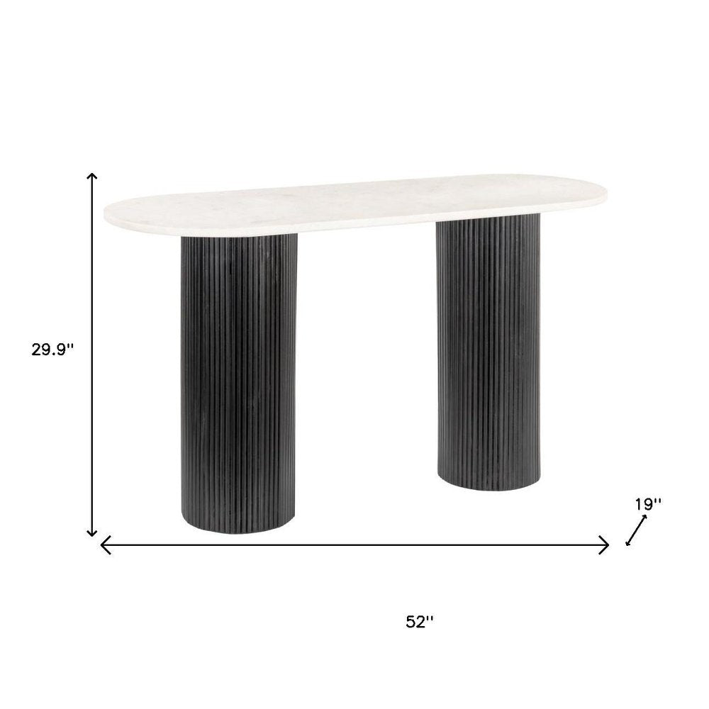 52" White and Black Genuine Marble and Solid Wood Oval Double Pedestal Console Table