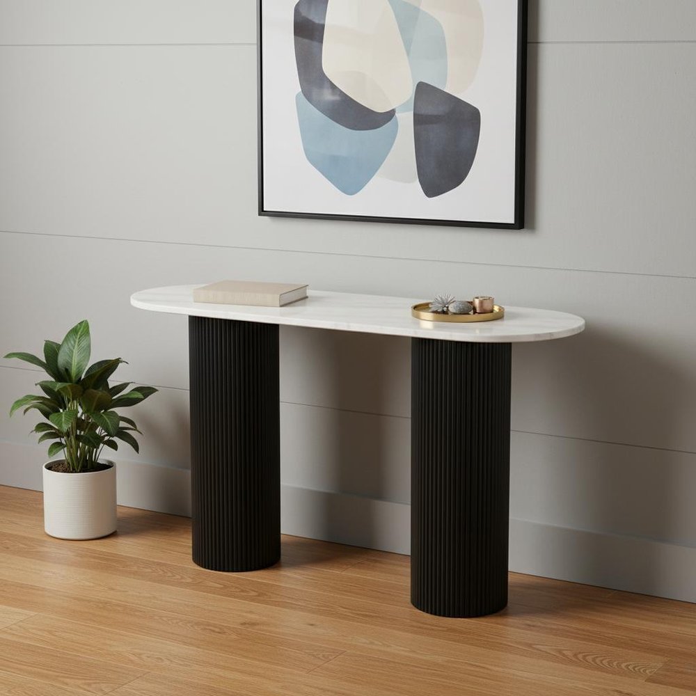 52" White and Black Genuine Marble and Solid Wood Oval Double Pedestal Console Table