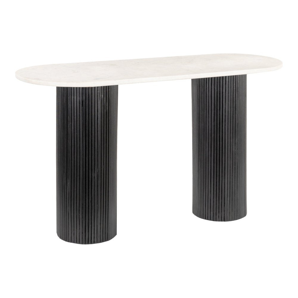 52" White and Black Genuine Marble and Solid Wood Oval Double Pedestal Console Table