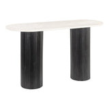 52" White and Black Genuine Marble and Solid Wood Oval Double Pedestal Console Table