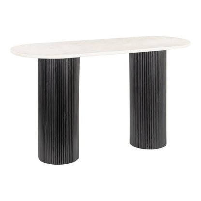 52" White and Black Genuine Marble and Solid Wood Oval Double Pedestal Console Table