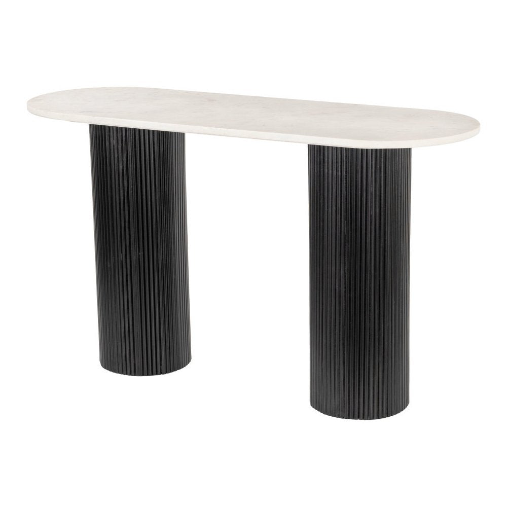 52" White and Black Genuine Marble and Solid Wood Oval Double Pedestal Console Table