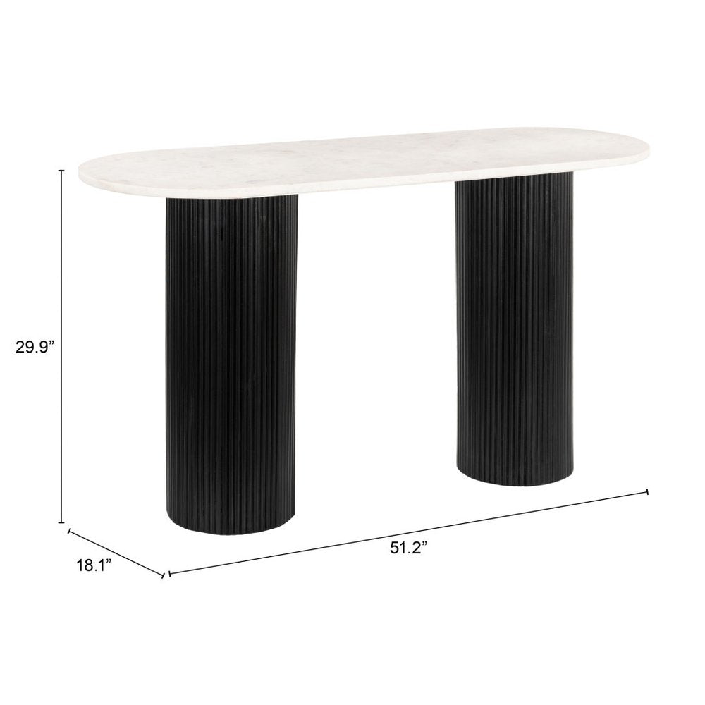 52" White and Black Genuine Marble and Solid Wood Oval Double Pedestal Console Table
