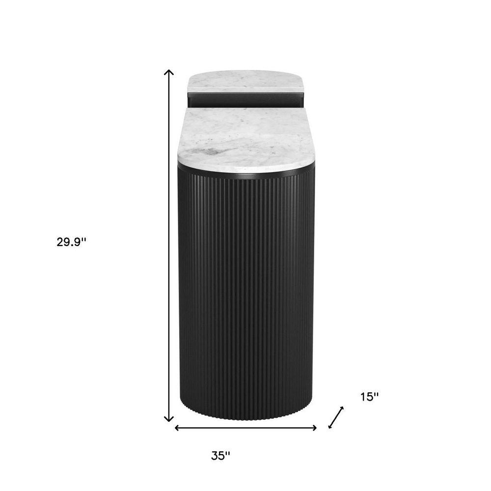 Set of Two 35" White and Black Genuine Marble and Solid Wood Oval Solid Console Tables