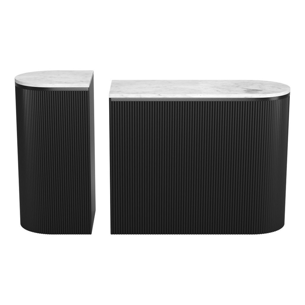 Set of Two 35" White and Black Genuine Marble and Solid Wood Oval Solid Console Tables