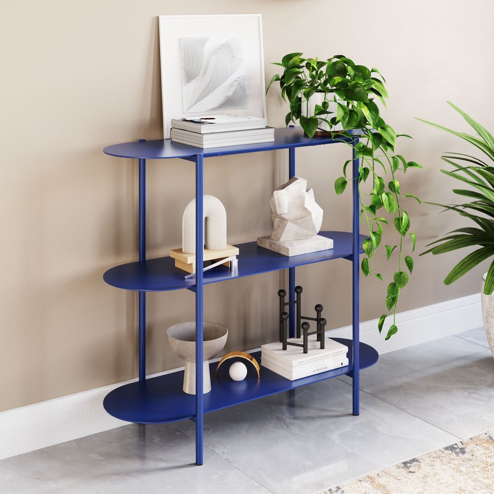 36" Blue Steel Oval Console Table With Two Shelves