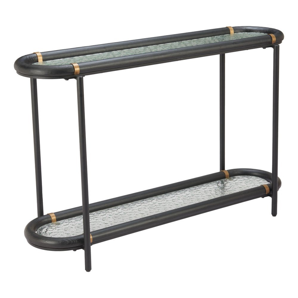 52" Black and Clear Glass Solid Wood and Steel Oval Console Table With Shelf