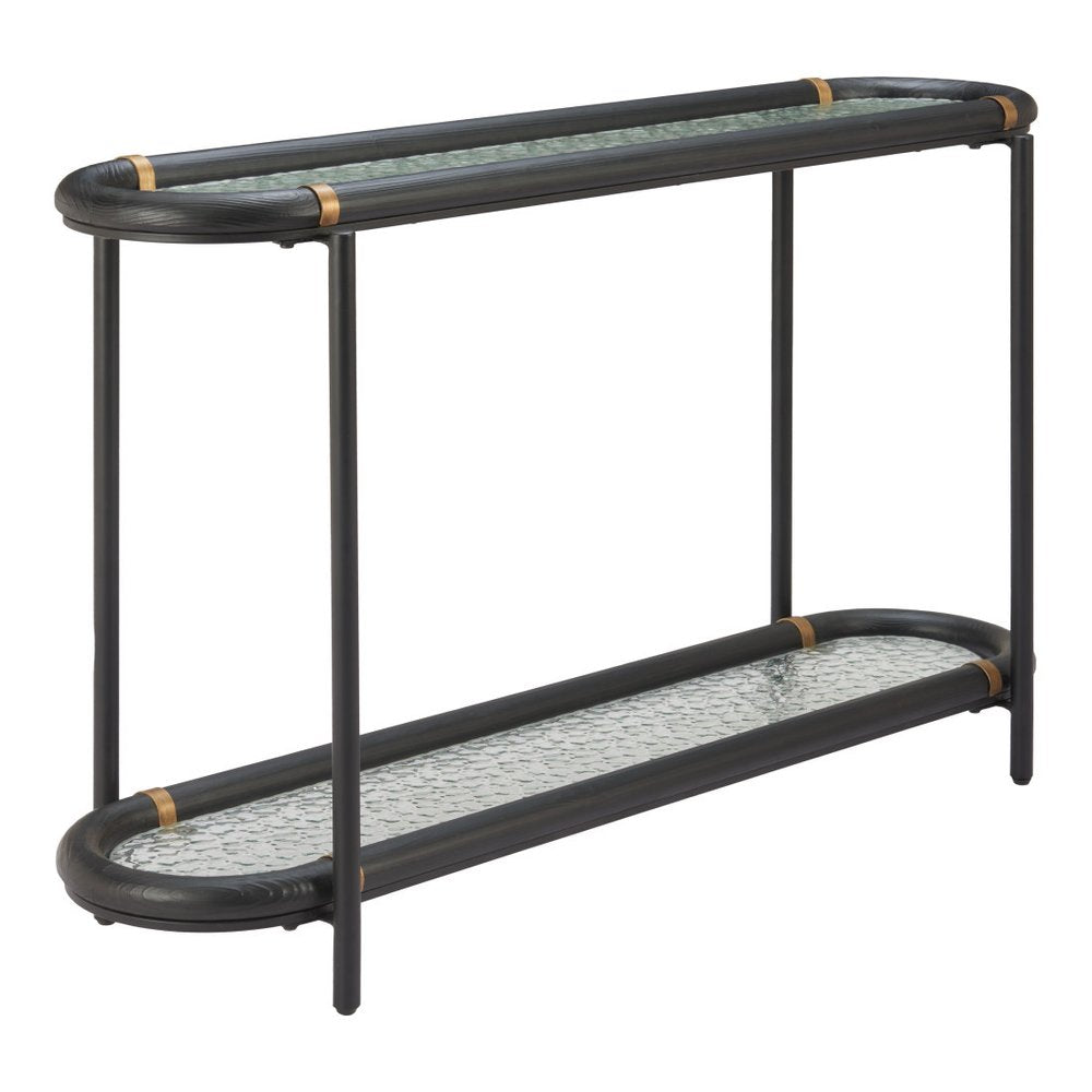 52" Black and Clear Glass Solid Wood and Steel Oval Console Table With Shelf