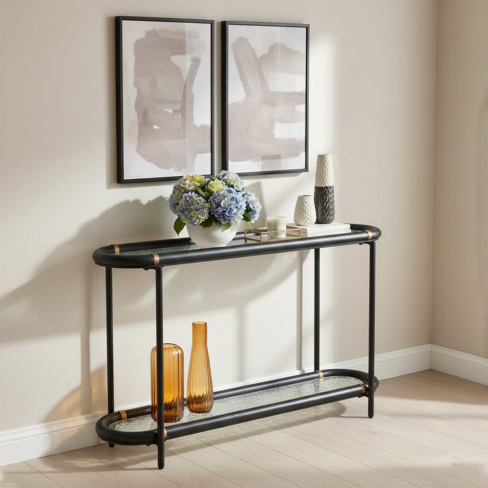 52" Black and Clear Glass Solid Wood and Steel Oval Console Table With Shelf