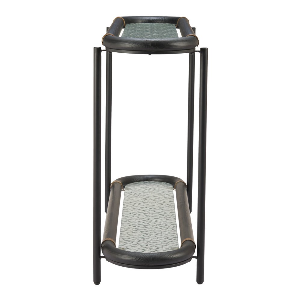 52" Black and Clear Glass Solid Wood and Steel Oval Console Table With Shelf