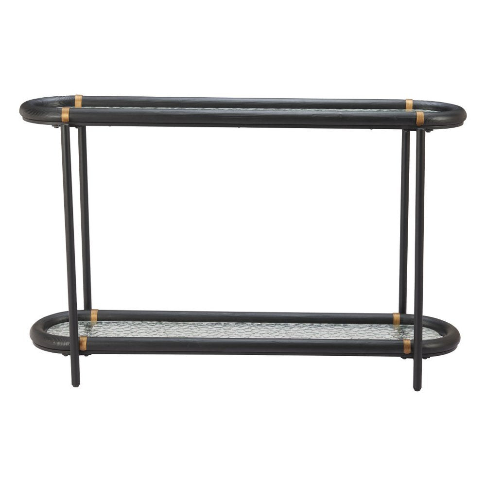 52" Black and Clear Glass Solid Wood and Steel Oval Console Table With Shelf