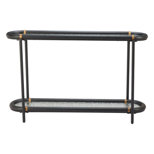 52" Black and Clear Glass Solid Wood and Steel Oval Console Table With Shelf