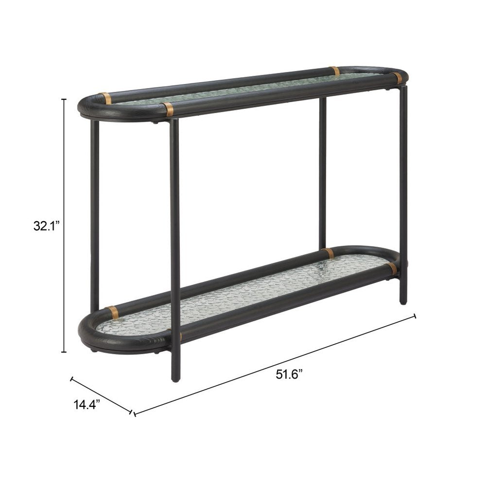 52" Black and Clear Glass Solid Wood and Steel Oval Console Table With Shelf