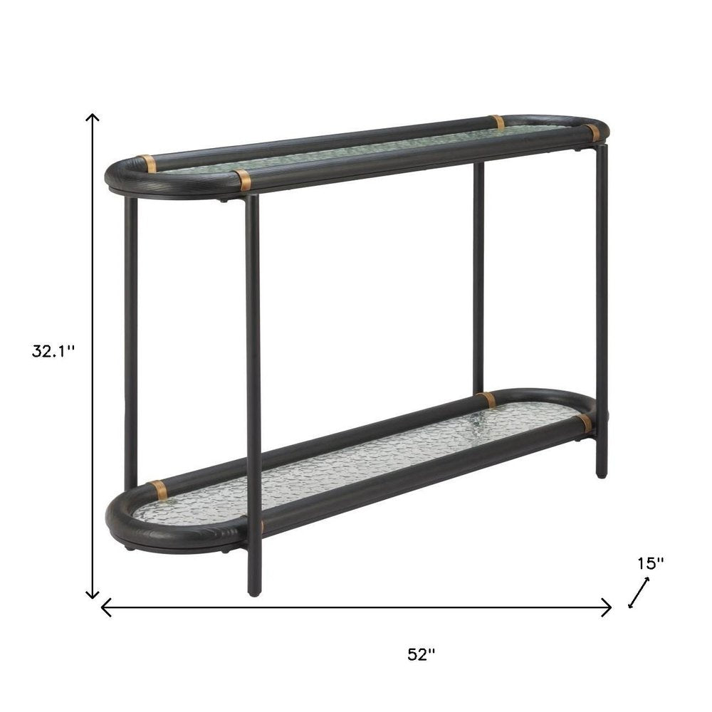 52" Black and Clear Glass Solid Wood and Steel Oval Console Table With Shelf