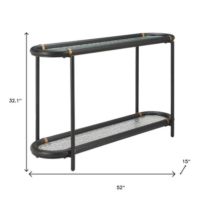 52" Black and Clear Glass Solid Wood and Steel Oval Console Table With Shelf